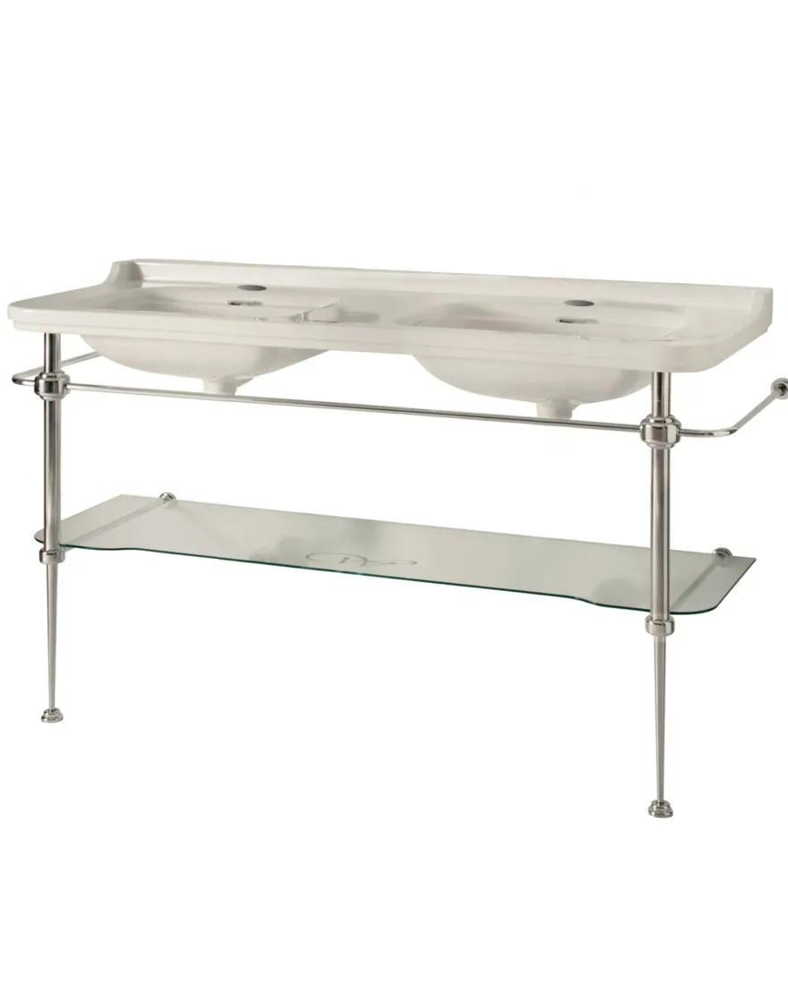 Art Deco - Dubbeltvättställ 150 cm med kromade ben & glashylla