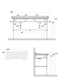 Art Deco - Dubbeltvättställ 150 cm på guldställning & glashylla
