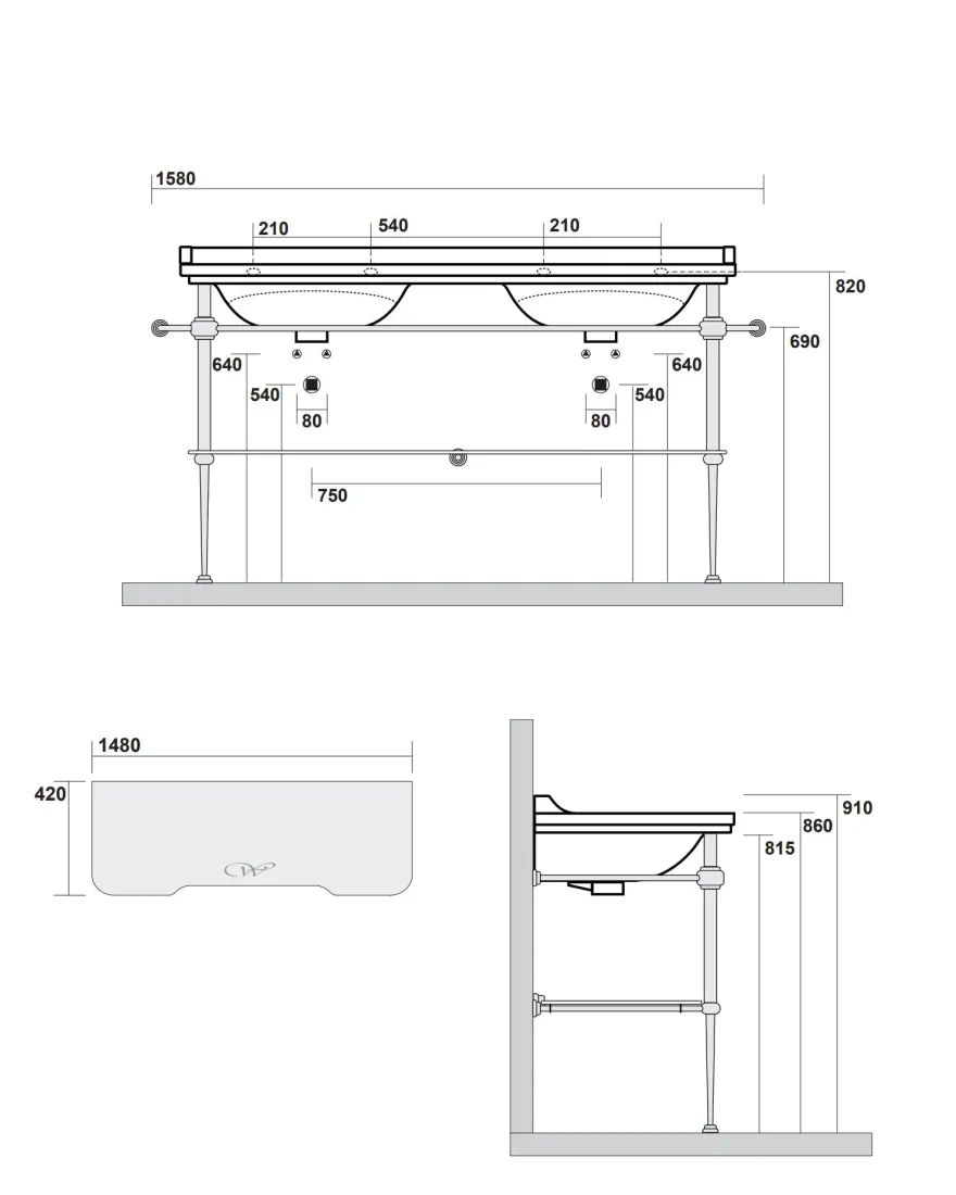 Art Deco - Dubbeltvättställ 150 cm på guldställning & glashylla