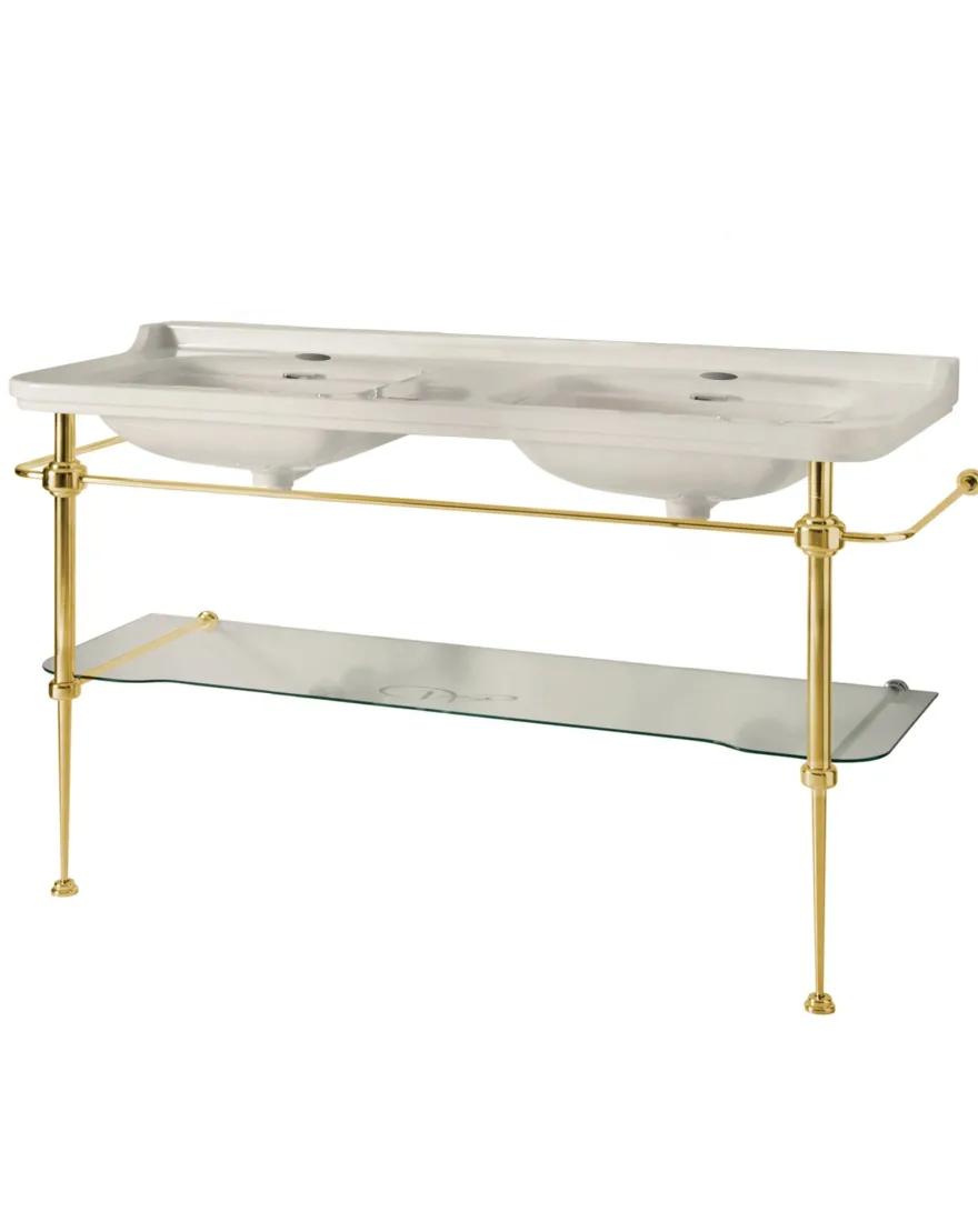 Art Deco - Dubbeltvättställ 150 cm på guldställning & glashylla