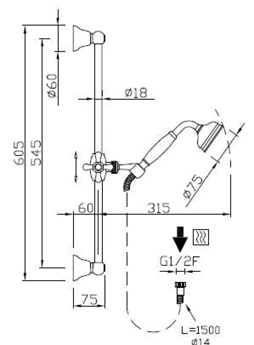 Duschstång - Classic 60 cm med handdusch och slang mässing