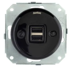 Insats USB-uttag dubbelt svart porslin - Fontini infällt
