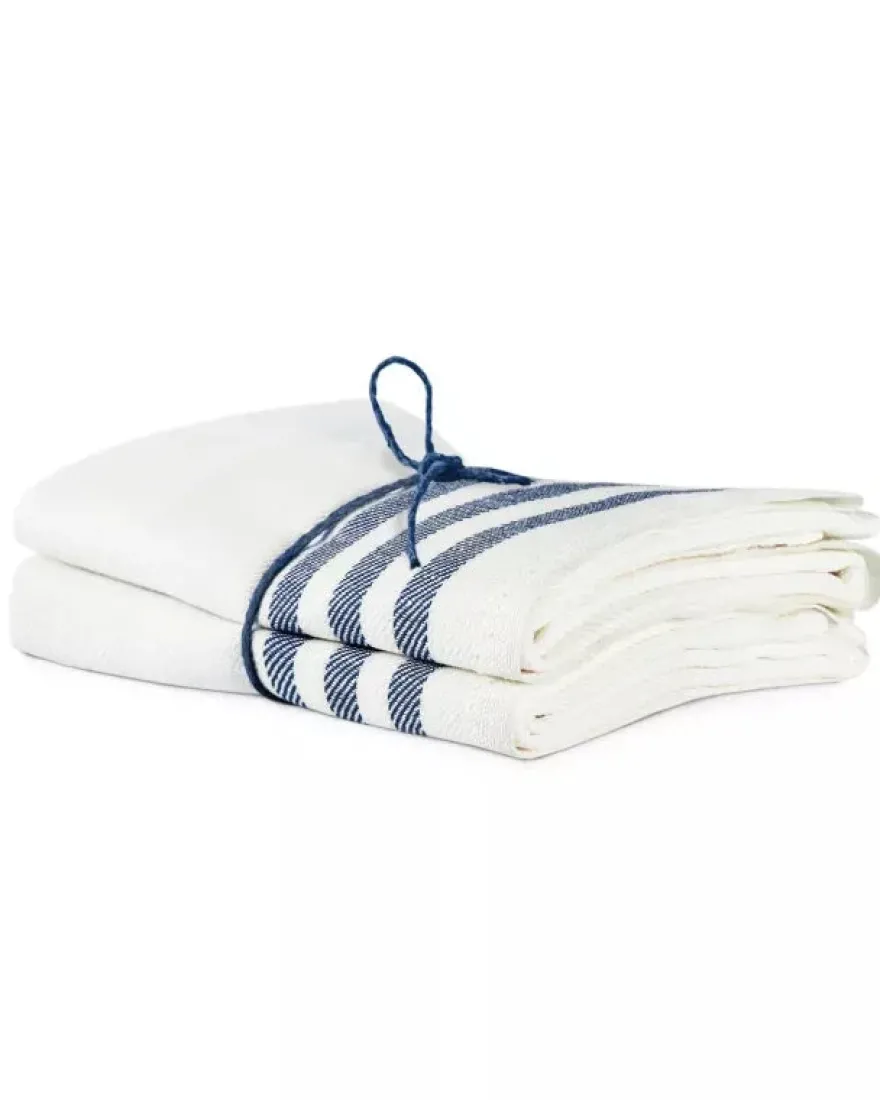 Kökshandduk 2-pack - Lin 50x70 cm, rand benvit/marinblå