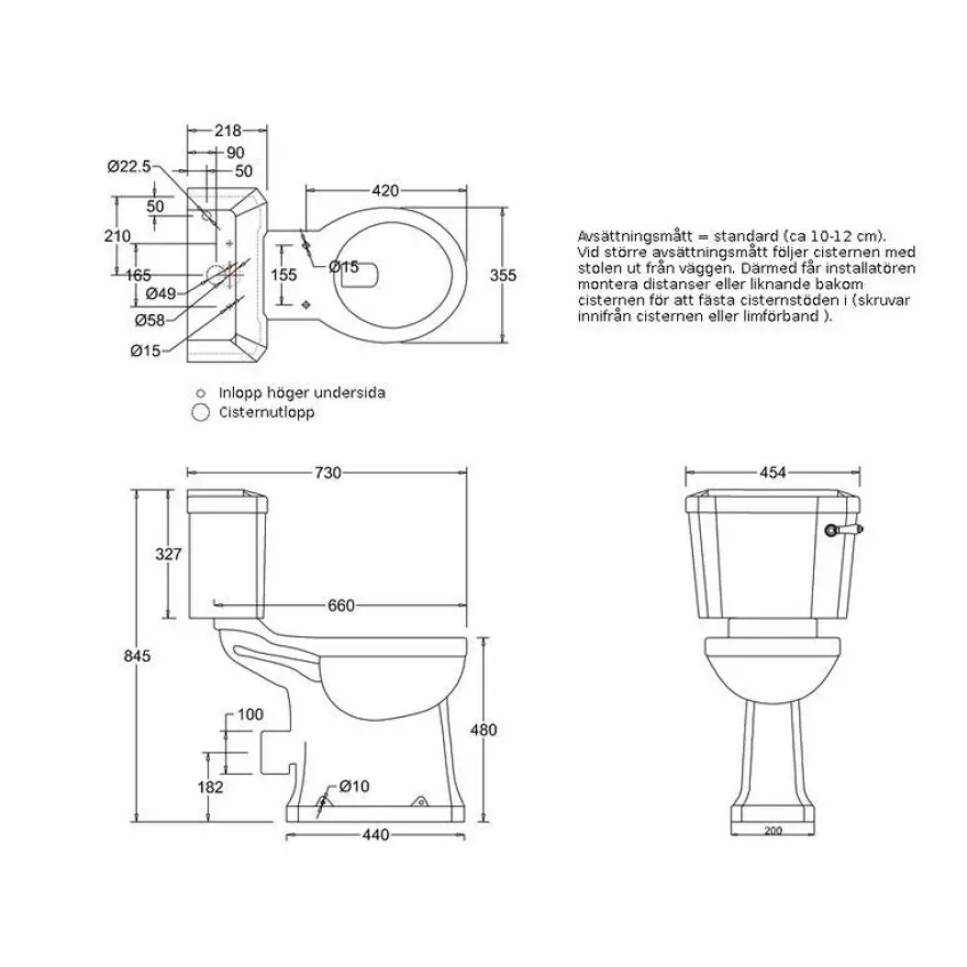 WC Burlington, P-lås, smal cistern och högre sitthöjd